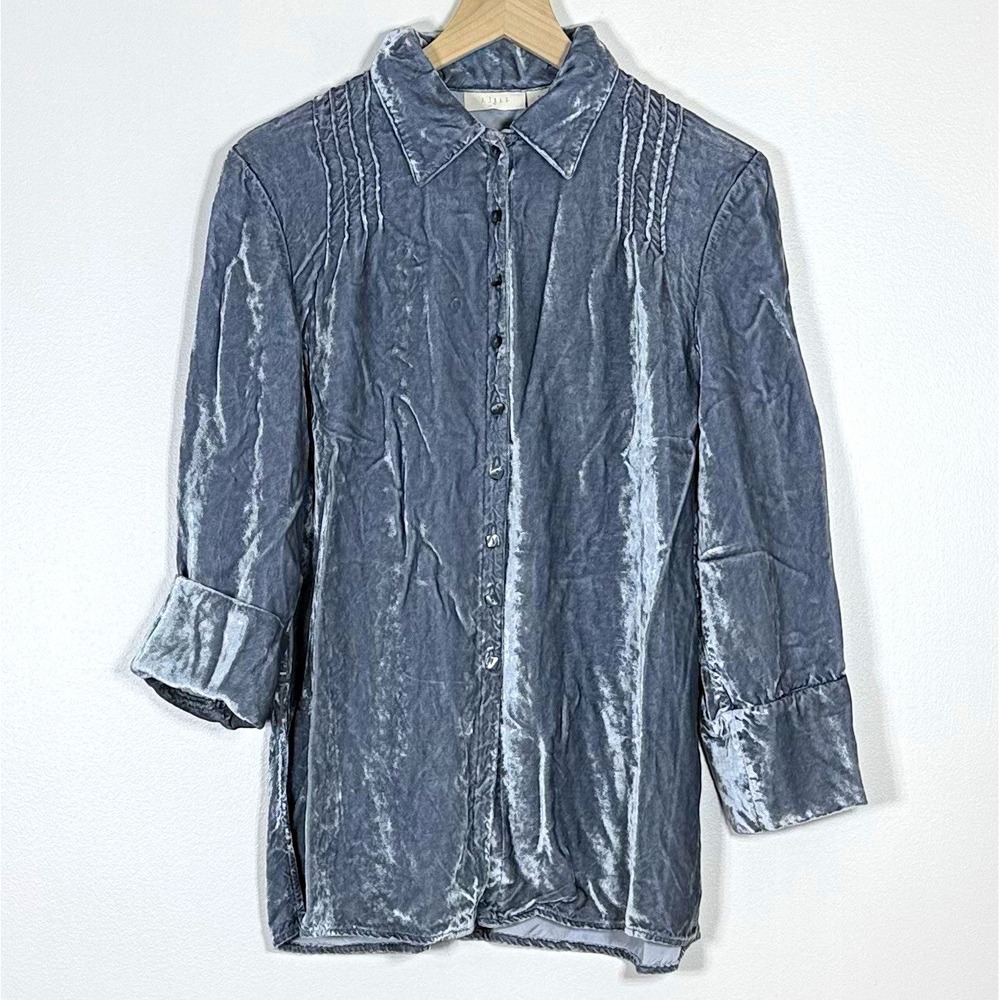 J Jill Womens Crushed Velvet Button Up Top SP Petite Gray Silver Celestial Boho